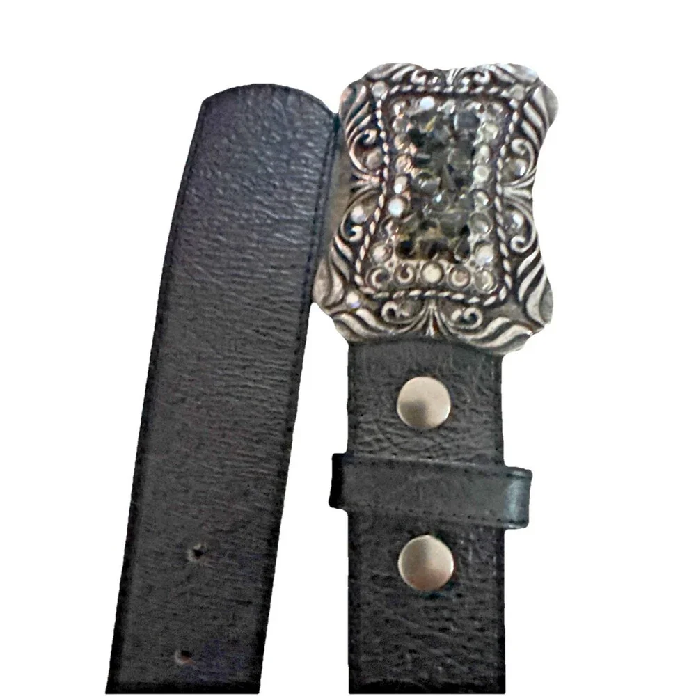 Vintage Y2K Leatherock USA Leather Belt Rhinestone Crystal Buckle Size Large